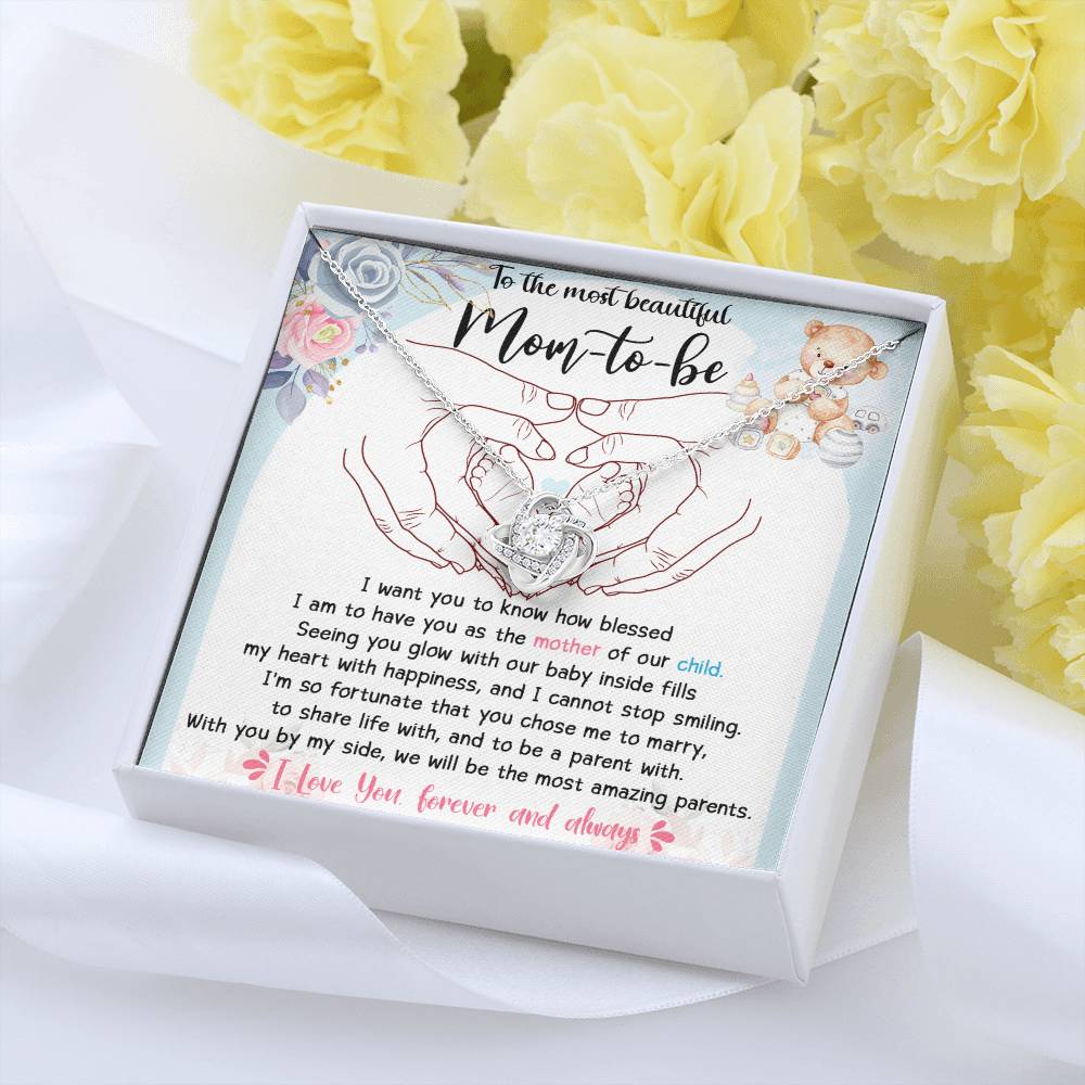 To The Most Beautiful Mom To Be Necklace Gift For Mothe's Day Jewelry For Mom, Gift For Mommy From Baby Bump, Pregnancy Gift For Mommy 925 Silver Necklace Love Knot Necklace With Meaningful Message Card And Box.