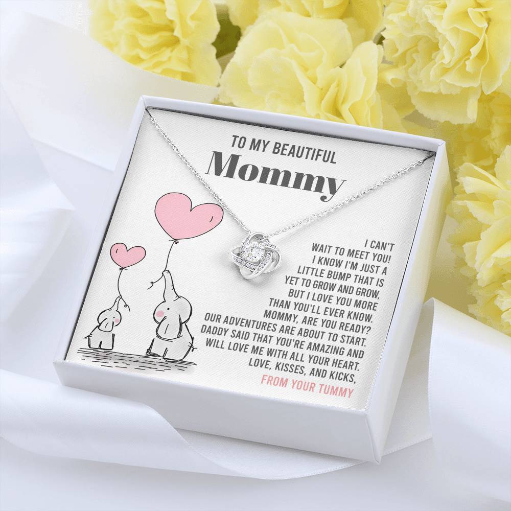 To My Beautiful Mommy Necklace Gift From Your Tummy - Mother's Day Gift, 925 Sterling Silver Love Knot Necklace Gift For Mommy, Gift For Mother Handmade Jewelry With Message Card And Box.