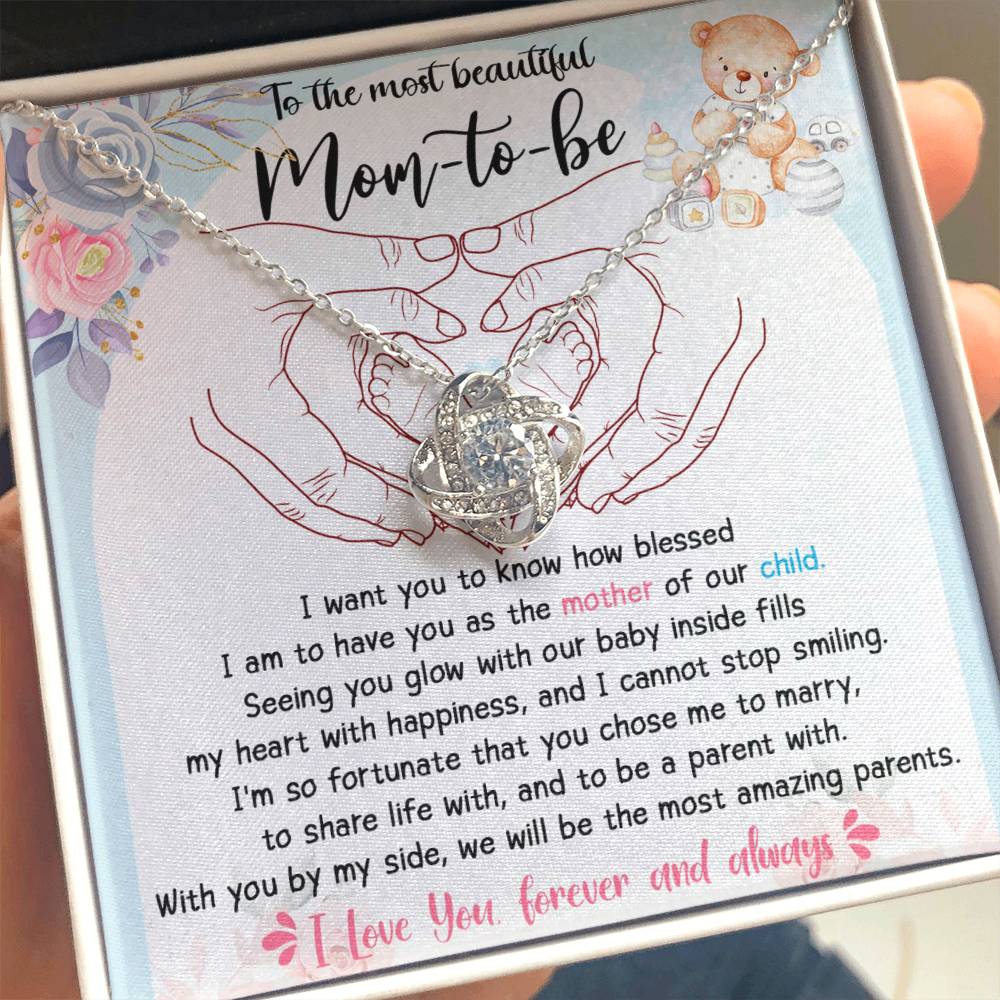 To The Most Beautiful Mom To Be Necklace Gift For Mothe's Day Jewelry For Mom, Gift For Mommy From Baby Bump, Pregnancy Gift For Mommy 925 Silver Necklace Love Knot Necklace With Meaningful Message Card And Box.