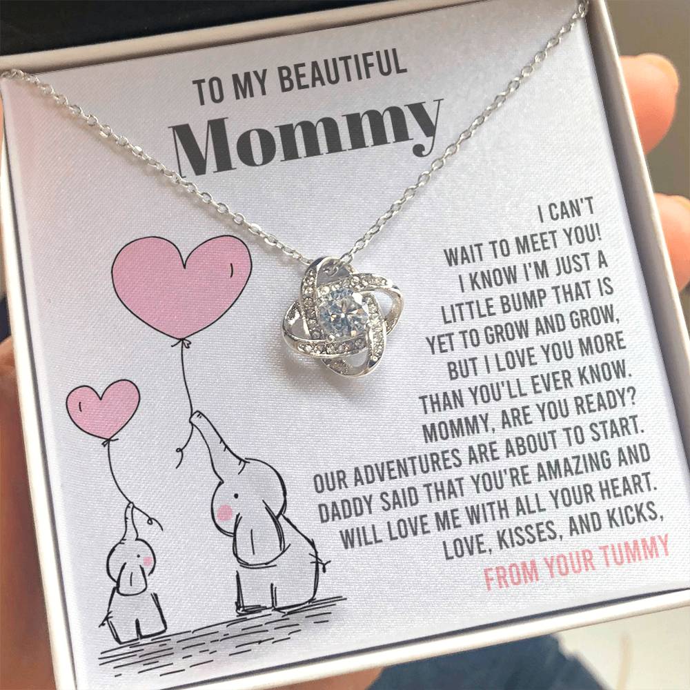 To My Beautiful Mommy Necklace Gift From Your Tummy - Mother's Day Gift, 925 Sterling Silver Love Knot Necklace Gift For Mommy, Gift For Mother Handmade Jewelry With Message Card And Box.