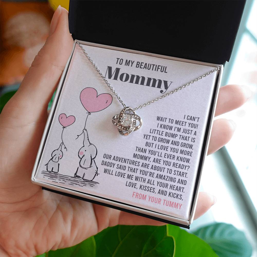 To My Beautiful Mommy Necklace Gift From Your Tummy - Mother's Day Gift, 925 Sterling Silver Love Knot Necklace Gift For Mommy, Gift For Mother Handmade Jewelry With Message Card And Box.