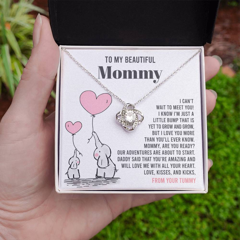 To My Beautiful Mommy Necklace Gift From Your Tummy - Mother's Day Gift, 925 Sterling Silver Love Knot Necklace Gift For Mommy, Gift For Mother Handmade Jewelry With Message Card And Box.