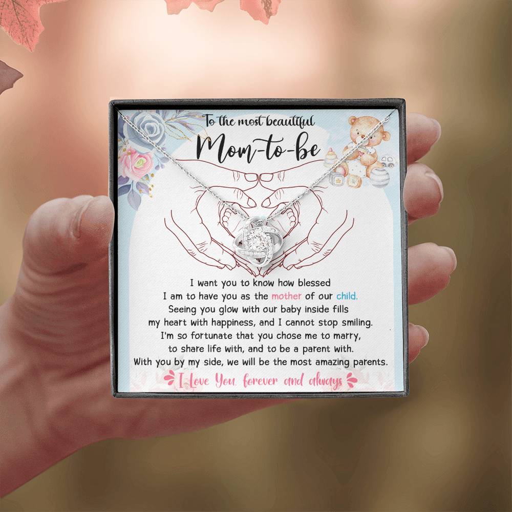 To The Most Beautiful Mom To Be Necklace Gift For Mothe's Day Jewelry For Mom, Gift For Mommy From Baby Bump, Pregnancy Gift For Mommy 925 Silver Necklace Love Knot Necklace With Meaningful Message Card And Box.