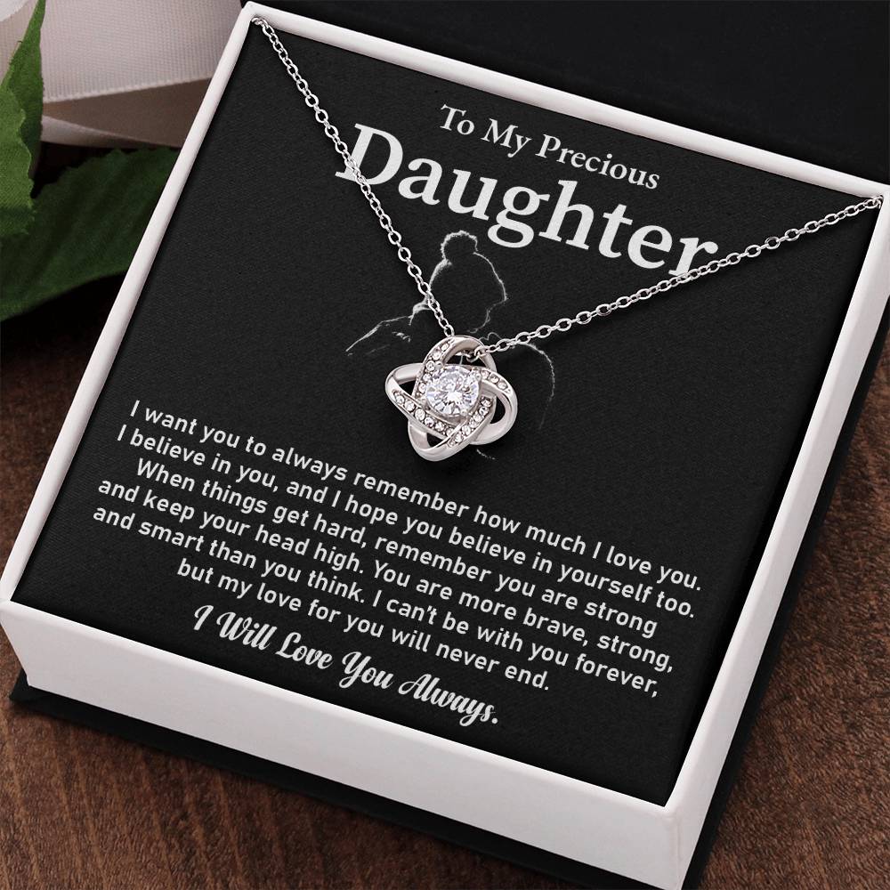 To My Precious Daughter Love Knot Necklace Emotional Love Knot Jewelry Gift Special Parent-to-daughter Keepsake Motivational Jewelry For Daughter Sentimental Parent-to-daughter Gift Daughter Strength And Love Gift Encouragement Gift For Daughter