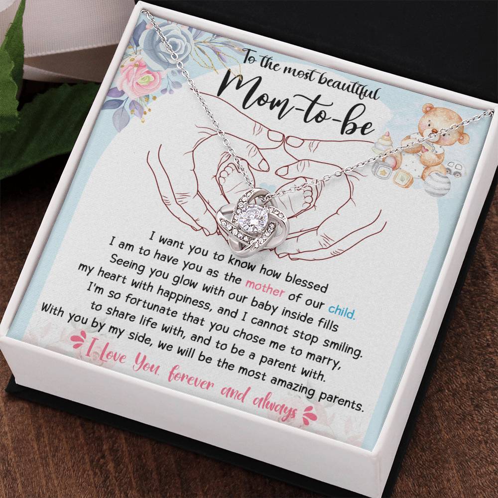 To The Most Beautiful Mom To Be Necklace Gift For Mothe's Day Jewelry For Mom, Gift For Mommy From Baby Bump, Pregnancy Gift For Mommy 925 Silver Necklace Love Knot Necklace With Meaningful Message Card And Box.