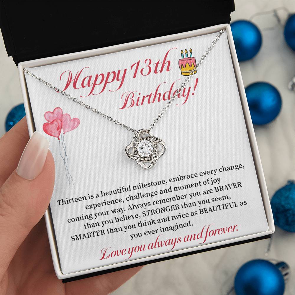 13th Birthday Necklace Gift for Girl – Braver, Stronger, Beautiful Quote