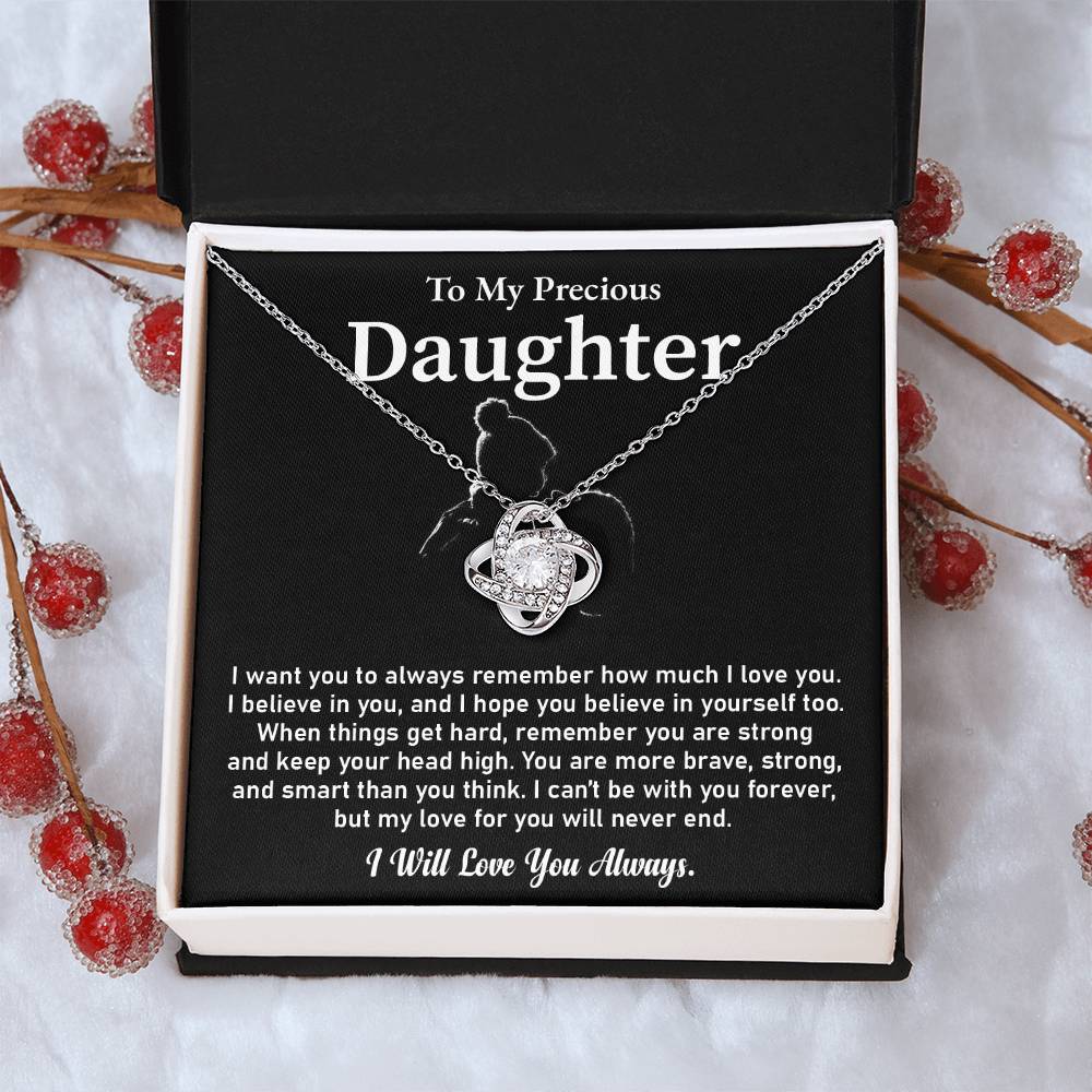 To My Precious Daughter Love Knot Necklace Emotional Love Knot Jewelry Gift Special Parent-to-daughter Keepsake Motivational Jewelry For Daughter Sentimental Parent-to-daughter Gift Daughter Strength And Love Gift Encouragement Gift For Daughter