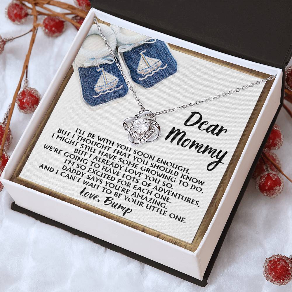 Dear Mommy Necklace Gift For Mom On Her Mother's Day, Birthday Jewelry Gift, Gift For Mommy From Baby Bump, Pregnancy Gift For Mommy 925 Silver Necklace Love Knot Necklace With Meaningful Message Card And Box.