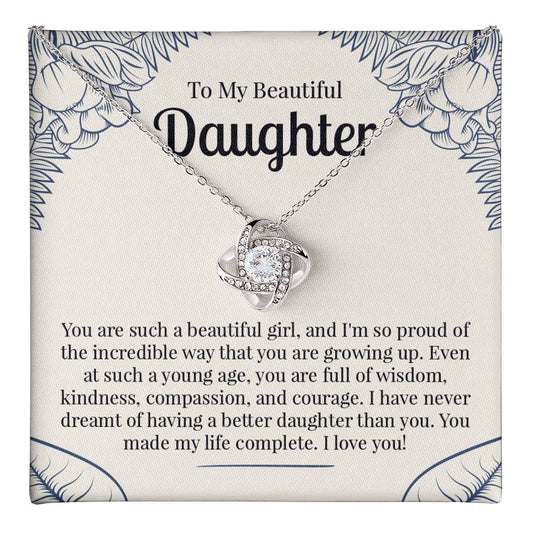 To My Beautiful Daughter Necklace Gift – Love Knot Pendant with Heartfelt Message Card