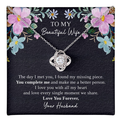 To My Beautiful Wife Necklace Gift from Husband with Love Knot Pendant and Romantic Message Card