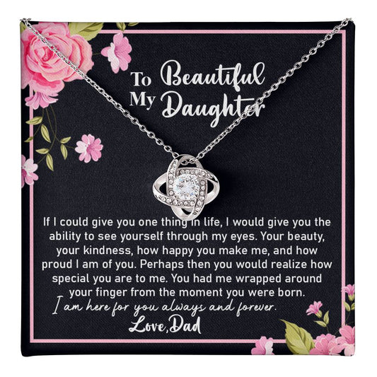 Beautiful Daughter Necklace Gift from Dad – Love Knot Pendant with Sentimental Message Card