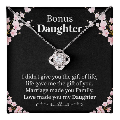 Bonus Daughter Necklace Gift from Stepmom or Stepfather – Love Knot Pendant with Meaningful Message Card