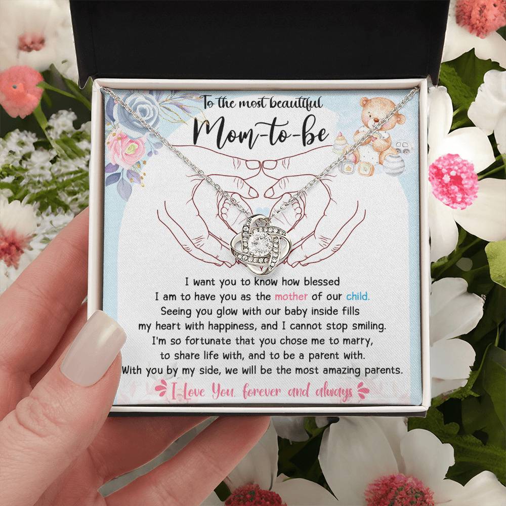 To The Most Beautiful Mom To Be Necklace Gift For Mothe's Day Jewelry For Mom, Gift For Mommy From Baby Bump, Pregnancy Gift For Mommy 925 Silver Necklace Love Knot Necklace With Meaningful Message Card And Box.