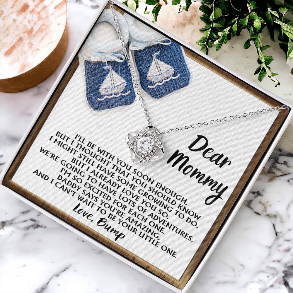 Dear Mommy Necklace Gift For Mom On Her Mother's Day, Birthday Jewelry Gift, Gift For Mommy From Baby Bump, Pregnancy Gift For Mommy 925 Silver Necklace Love Knot Necklace With Meaningful Message Card And Box.