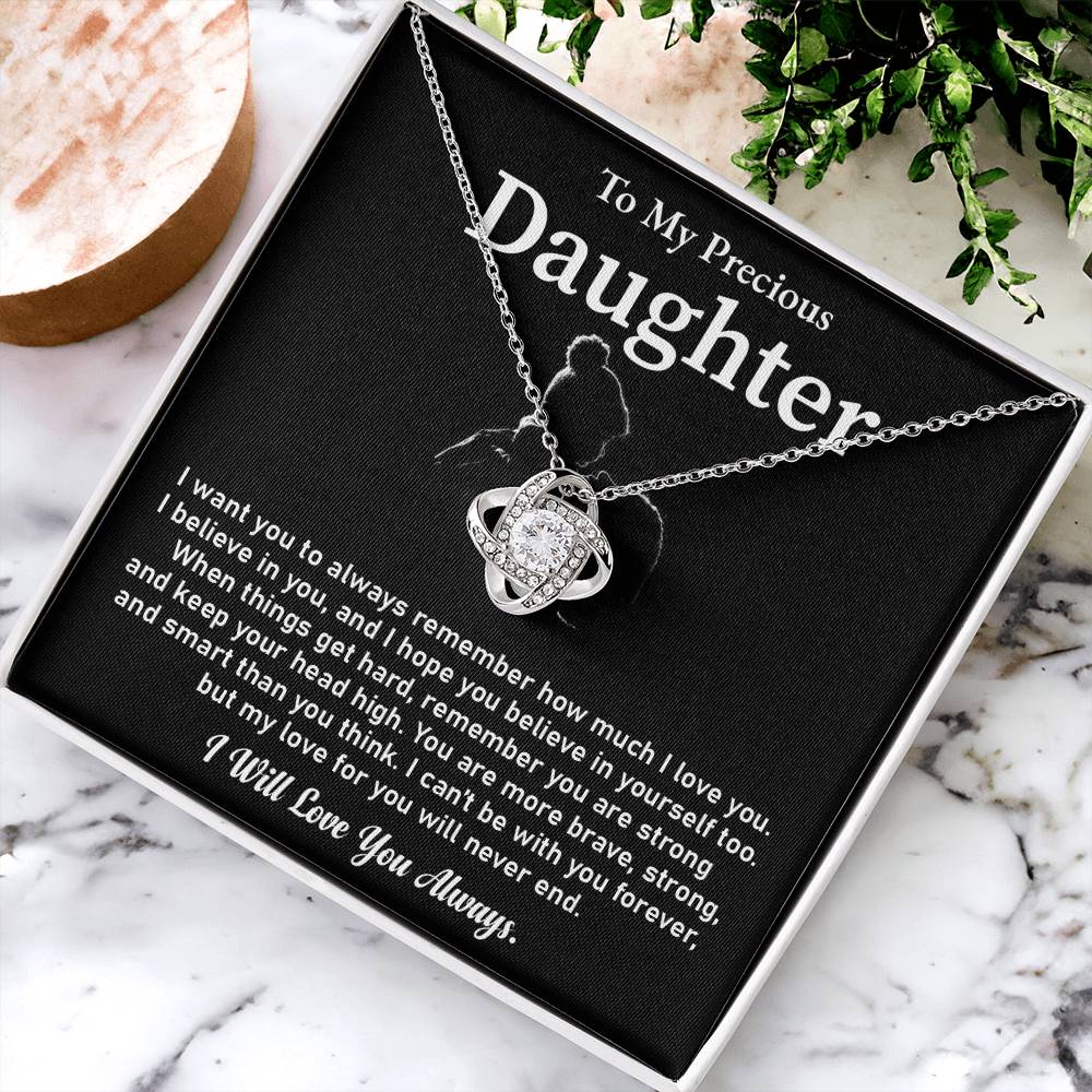 To My Precious Daughter Love Knot Necklace Emotional Love Knot Jewelry Gift Special Parent-to-daughter Keepsake Motivational Jewelry For Daughter Sentimental Parent-to-daughter Gift Daughter Strength And Love Gift Encouragement Gift For Daughter