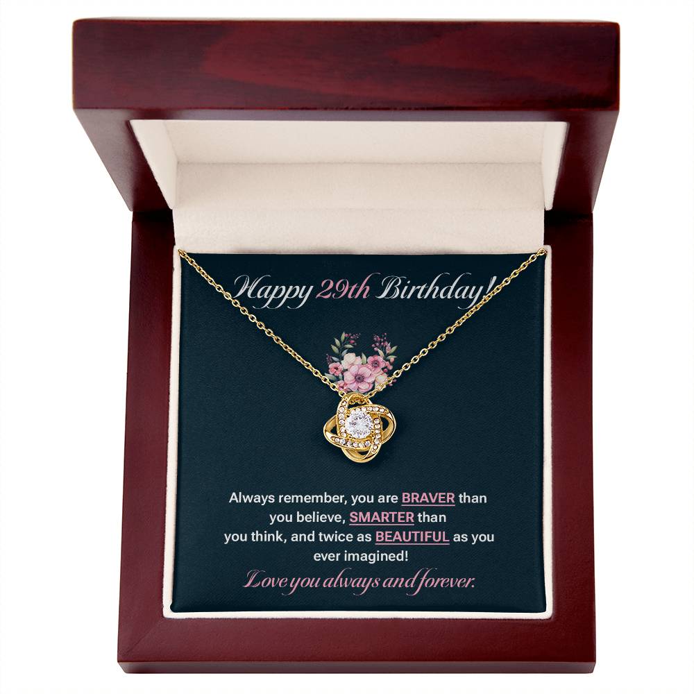 29th Birthday Necklace Gift for Her – Love Knot Pendant with Card