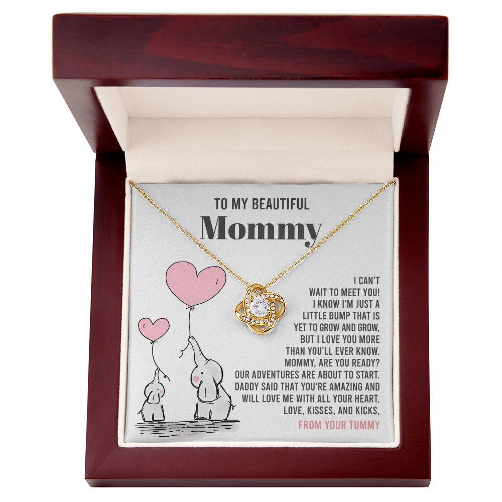 To My Beautiful Mommy Necklace Gift From Your Tummy - Mother's Day Gift, 925 Sterling Silver Love Knot Necklace Gift For Mommy, Gift For Mother Handmade Jewelry With Message Card And Box.