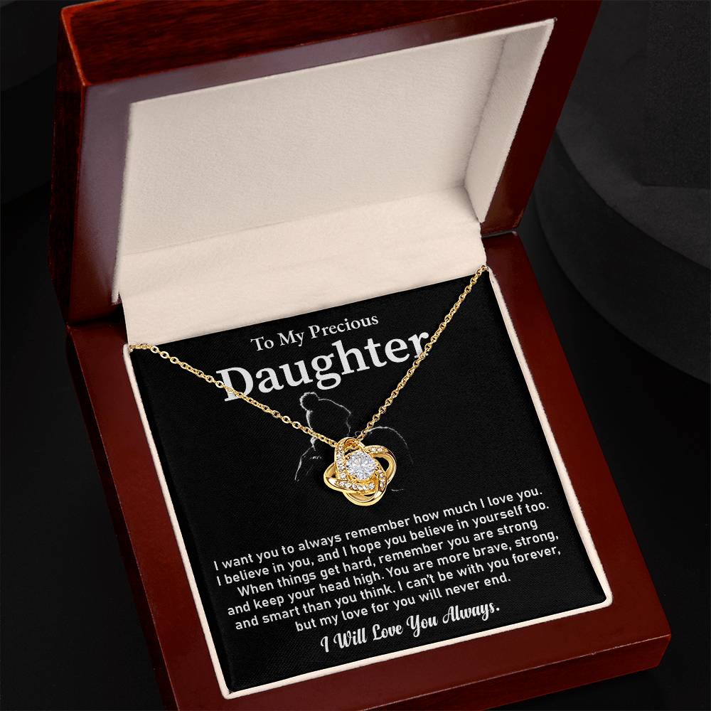 To My Precious Daughter Love Knot Necklace Emotional Love Knot Jewelry Gift Special Parent-to-daughter Keepsake Motivational Jewelry For Daughter Sentimental Parent-to-daughter Gift Daughter Strength And Love Gift Encouragement Gift For Daughter