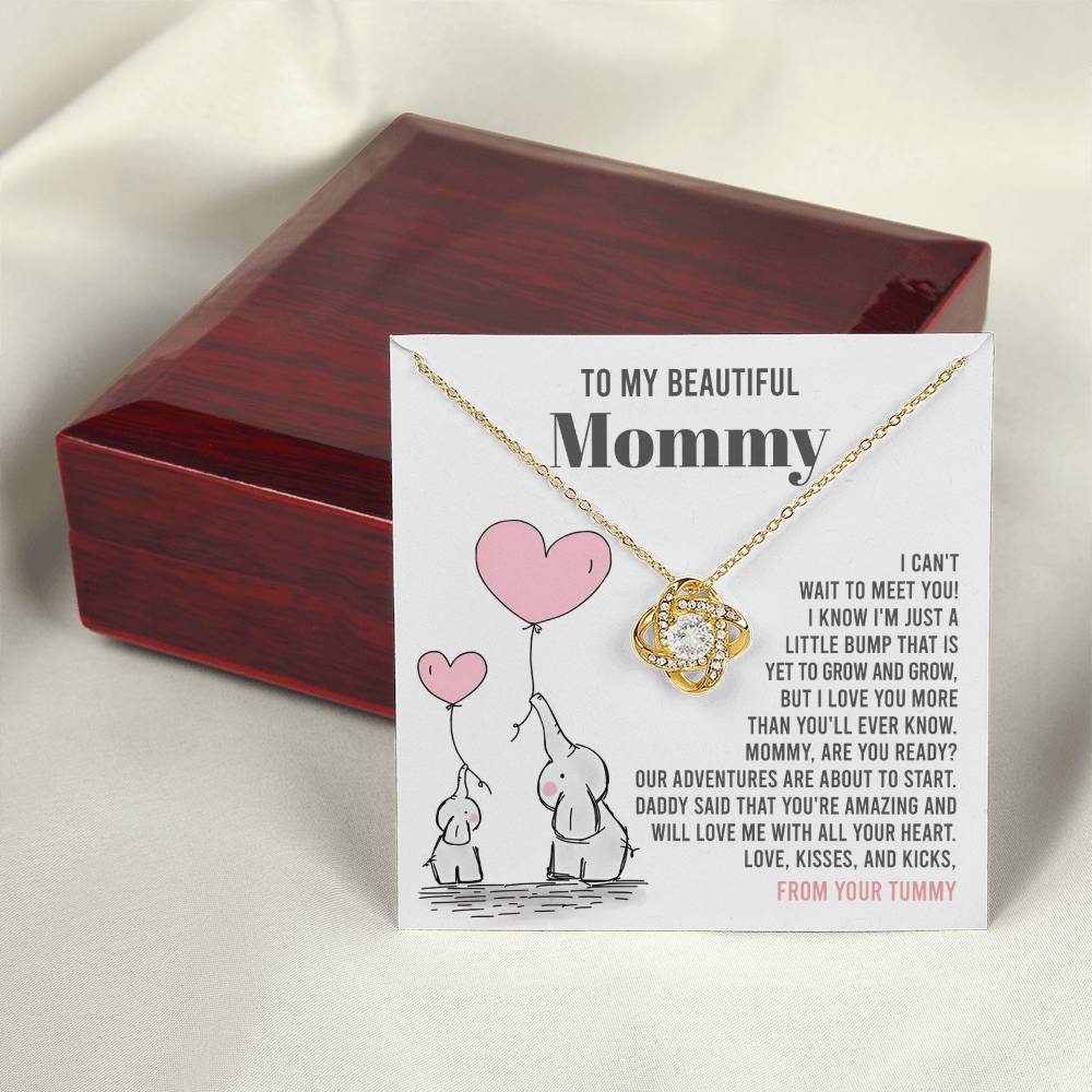 To My Beautiful Mommy Necklace Gift From Your Tummy - Mother's Day Gift, 925 Sterling Silver Love Knot Necklace Gift For Mommy, Gift For Mother Handmade Jewelry With Message Card And Box.