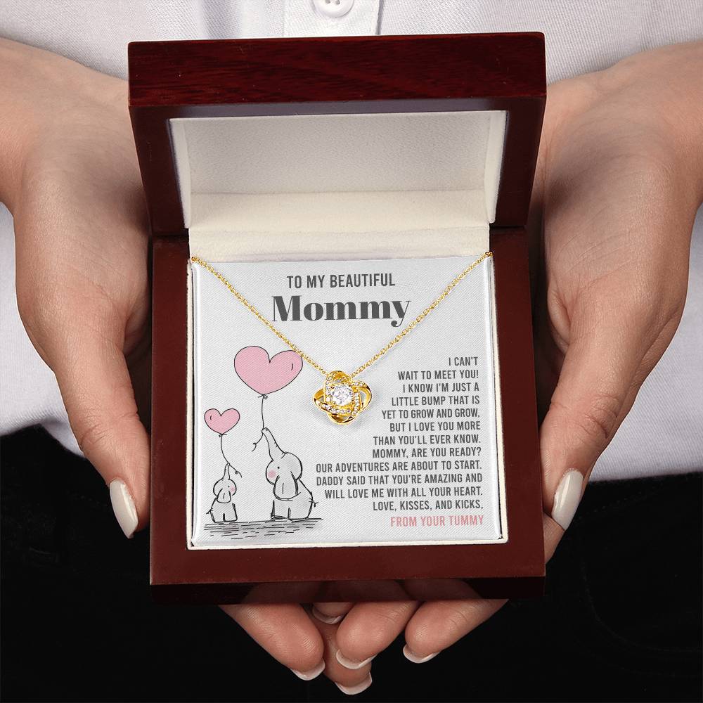 To My Beautiful Mommy Necklace Gift From Your Tummy - Mother's Day Gift, 925 Sterling Silver Love Knot Necklace Gift For Mommy, Gift For Mother Handmade Jewelry With Message Card And Box.