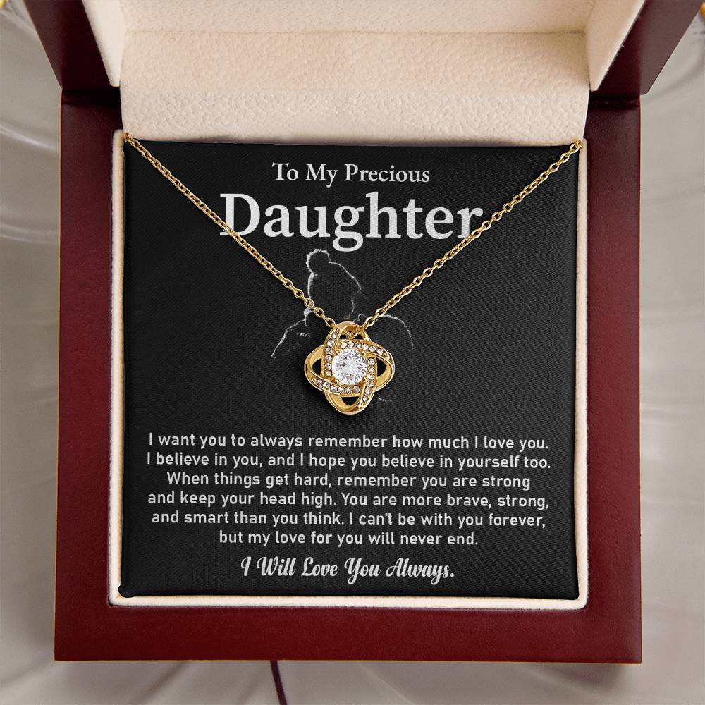 To My Precious Daughter Love Knot Necklace Emotional Love Knot Jewelry Gift Special Parent-to-daughter Keepsake Motivational Jewelry For Daughter Sentimental Parent-to-daughter Gift Daughter Strength And Love Gift Encouragement Gift For Daughter
