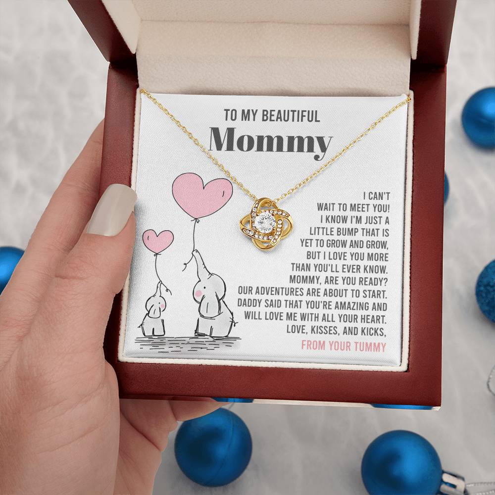 To My Beautiful Mommy Necklace Gift From Your Tummy - Mother's Day Gift, 925 Sterling Silver Love Knot Necklace Gift For Mommy, Gift For Mother Handmade Jewelry With Message Card And Box.