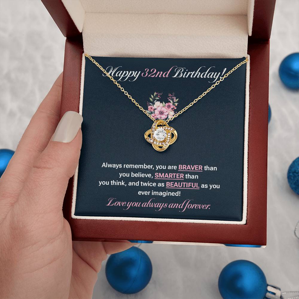 32nd Birthday Necklace Gift for Her – Elegant Love Knot with Card