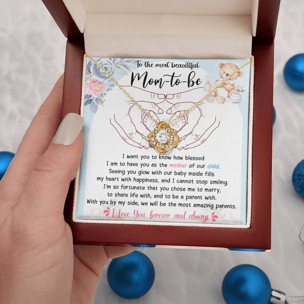 To The Most Beautiful Mom To Be Necklace Gift For Mothe's Day Jewelry For Mom, Gift For Mommy From Baby Bump, Pregnancy Gift For Mommy 925 Silver Necklace Love Knot Necklace With Meaningful Message Card And Box.