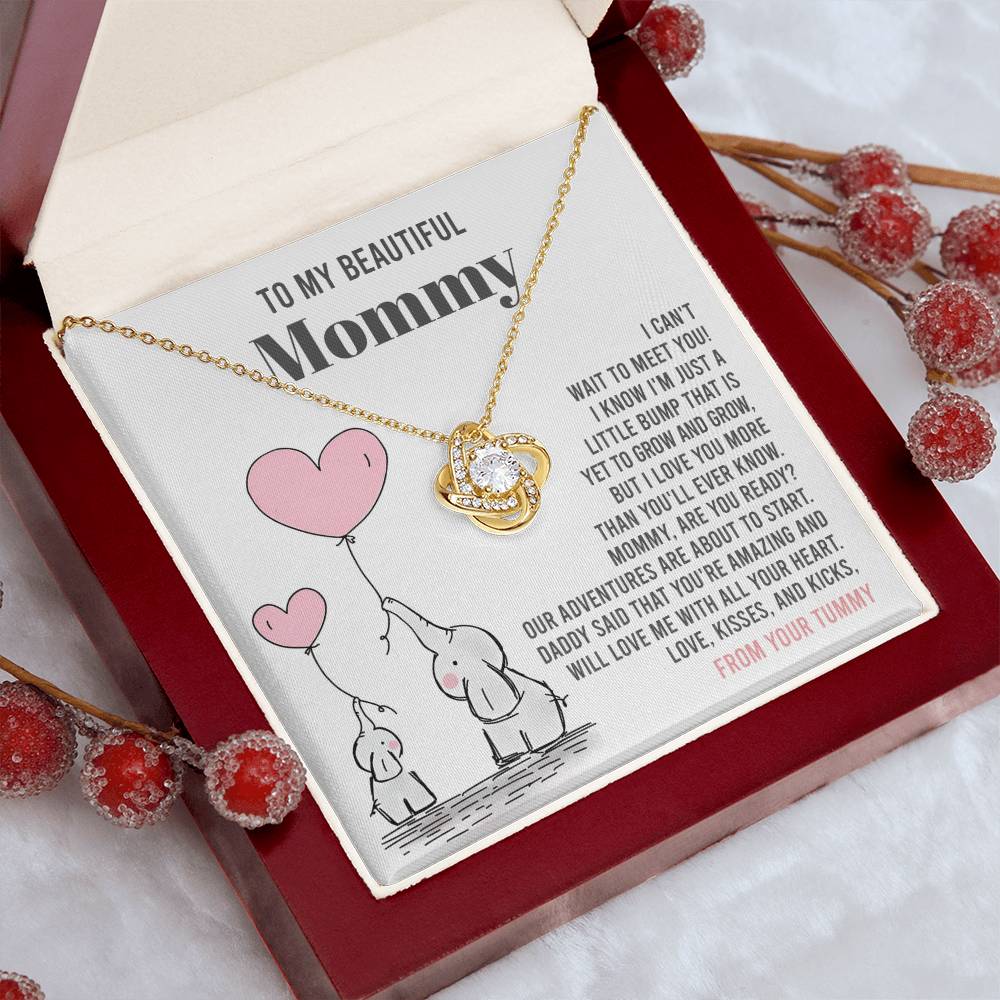 To My Beautiful Mommy Necklace Gift From Your Tummy - Mother's Day Gift, 925 Sterling Silver Love Knot Necklace Gift For Mommy, Gift For Mother Handmade Jewelry With Message Card And Box.