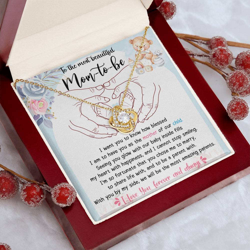 To The Most Beautiful Mom To Be Necklace Gift For Mothe's Day Jewelry For Mom, Gift For Mommy From Baby Bump, Pregnancy Gift For Mommy 925 Silver Necklace Love Knot Necklace With Meaningful Message Card And Box.