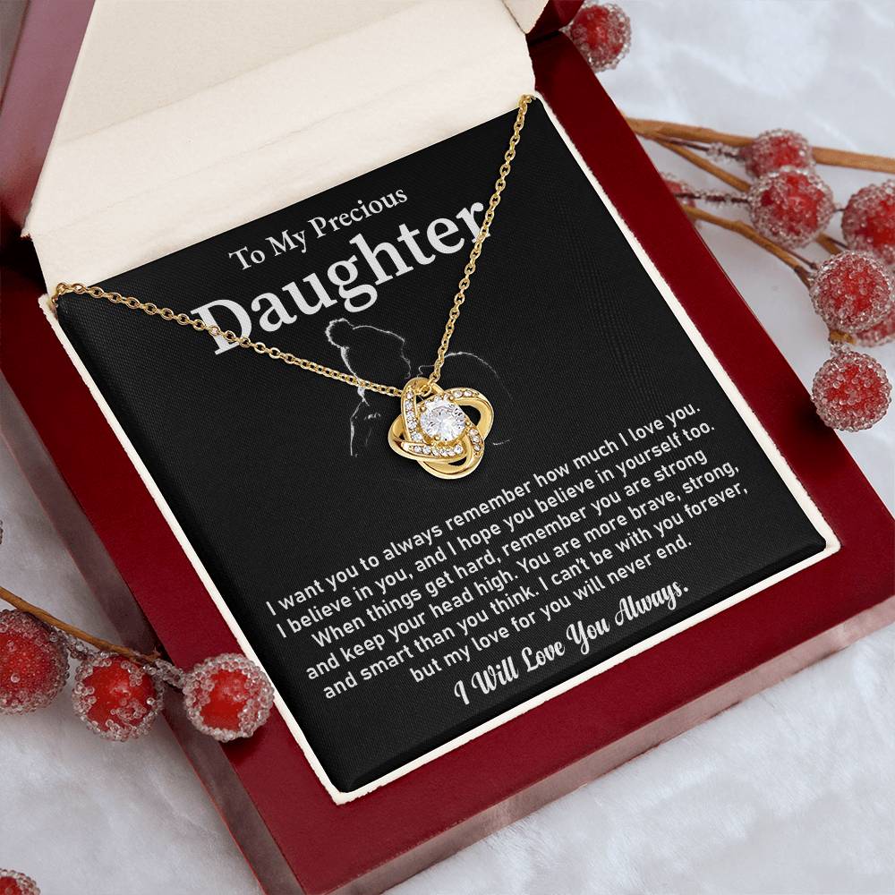 To My Precious Daughter Love Knot Necklace Emotional Love Knot Jewelry Gift Special Parent-to-daughter Keepsake Motivational Jewelry For Daughter Sentimental Parent-to-daughter Gift Daughter Strength And Love Gift Encouragement Gift For Daughter