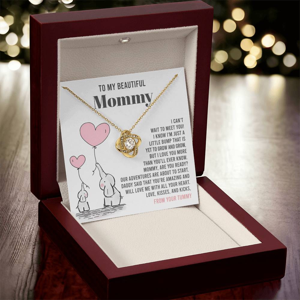 To My Beautiful Mommy Necklace Gift From Your Tummy - Mother's Day Gift, 925 Sterling Silver Love Knot Necklace Gift For Mommy, Gift For Mother Handmade Jewelry With Message Card And Box.