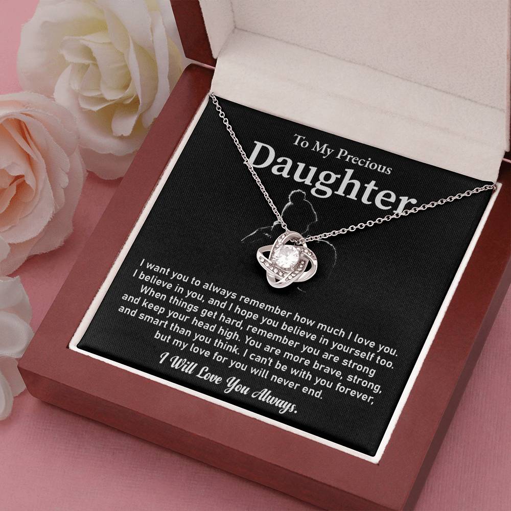To My Precious Daughter Love Knot Necklace Emotional Love Knot Jewelry Gift Special Parent-to-daughter Keepsake Motivational Jewelry For Daughter Sentimental Parent-to-daughter Gift Daughter Strength And Love Gift Encouragement Gift For Daughter