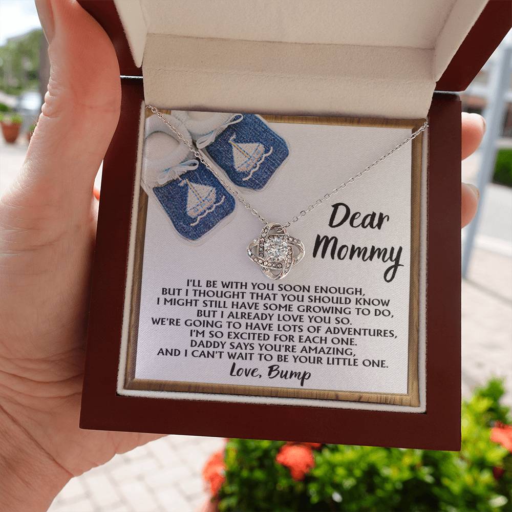 Dear Mommy Necklace Gift For Mom On Her Mother's Day, Birthday Jewelry Gift, Gift For Mommy From Baby Bump, Pregnancy Gift For Mommy 925 Silver Necklace Love Knot Necklace With Meaningful Message Card And Box.