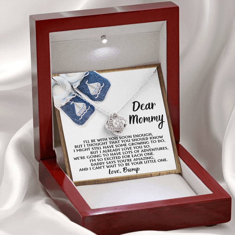 Dear Mommy Necklace Gift For Mom On Her Mother's Day, Birthday Jewelry Gift, Gift For Mommy From Baby Bump, Pregnancy Gift For Mommy 925 Silver Necklace Love Knot Necklace With Meaningful Message Card And Box.