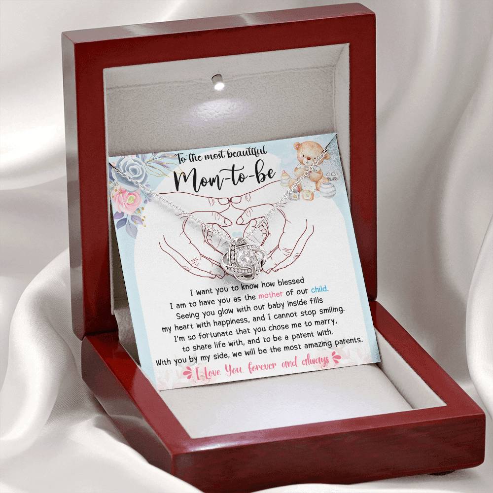 To The Most Beautiful Mom To Be Necklace Gift For Mothe's Day Jewelry For Mom, Gift For Mommy From Baby Bump, Pregnancy Gift For Mommy 925 Silver Necklace Love Knot Necklace With Meaningful Message Card And Box.