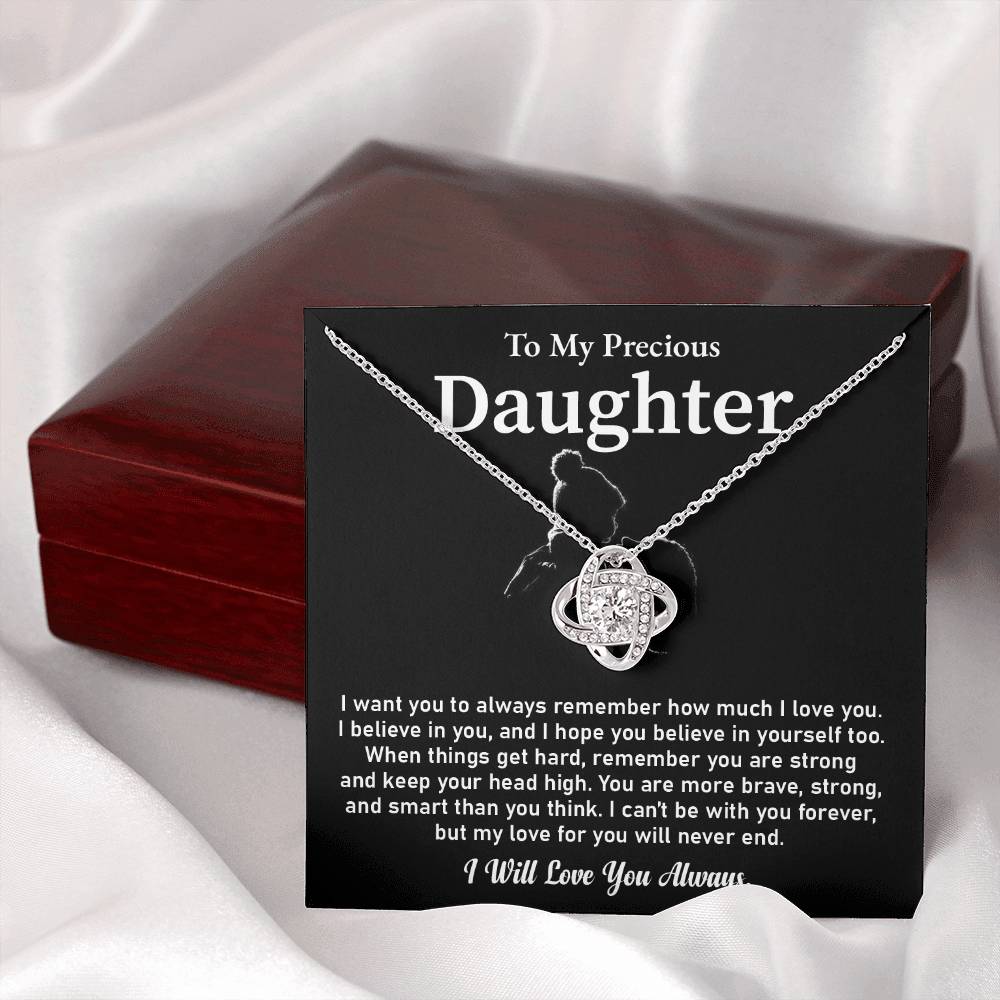 To My Precious Daughter Love Knot Necklace Emotional Love Knot Jewelry Gift Special Parent-to-daughter Keepsake Motivational Jewelry For Daughter Sentimental Parent-to-daughter Gift Daughter Strength And Love Gift Encouragement Gift For Daughter