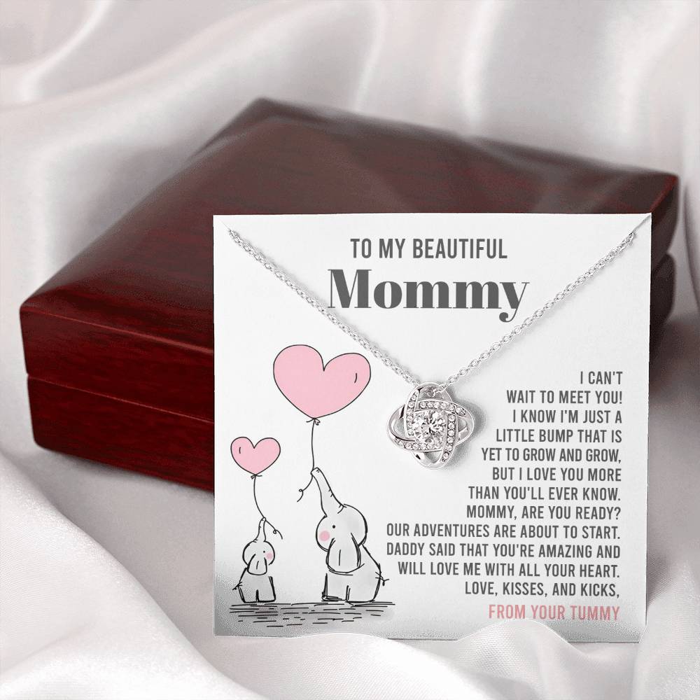 To My Beautiful Mommy Necklace Gift From Your Tummy - Mother's Day Gift, 925 Sterling Silver Love Knot Necklace Gift For Mommy, Gift For Mother Handmade Jewelry With Message Card And Box.