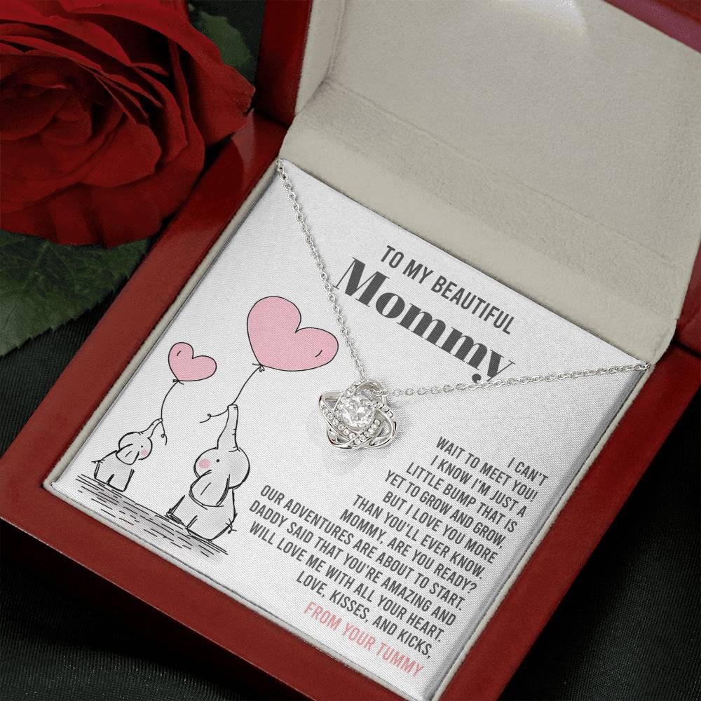 To My Beautiful Mommy Necklace Gift From Your Tummy - Mother's Day Gift, 925 Sterling Silver Love Knot Necklace Gift For Mommy, Gift For Mother Handmade Jewelry With Message Card And Box.