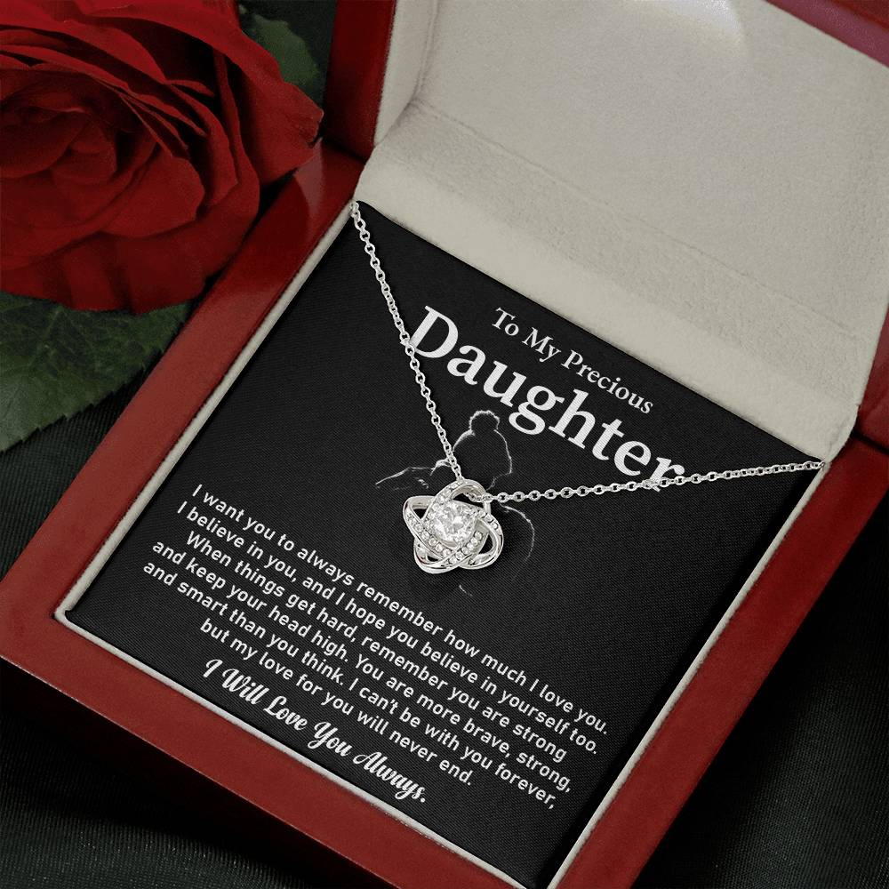 To My Precious Daughter Love Knot Necklace Emotional Love Knot Jewelry Gift Special Parent-to-daughter Keepsake Motivational Jewelry For Daughter Sentimental Parent-to-daughter Gift Daughter Strength And Love Gift Encouragement Gift For Daughter