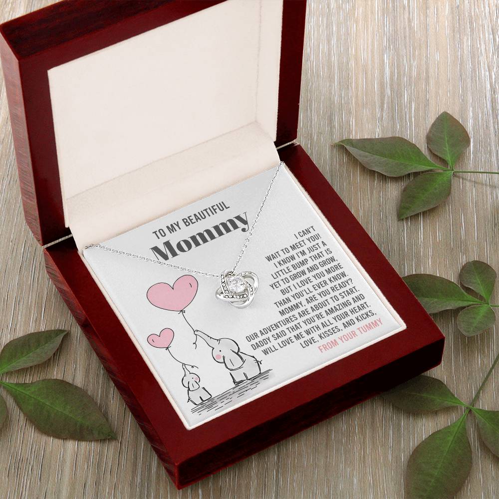 To My Beautiful Mommy Necklace Gift From Your Tummy - Mother's Day Gift, 925 Sterling Silver Love Knot Necklace Gift For Mommy, Gift For Mother Handmade Jewelry With Message Card And Box.