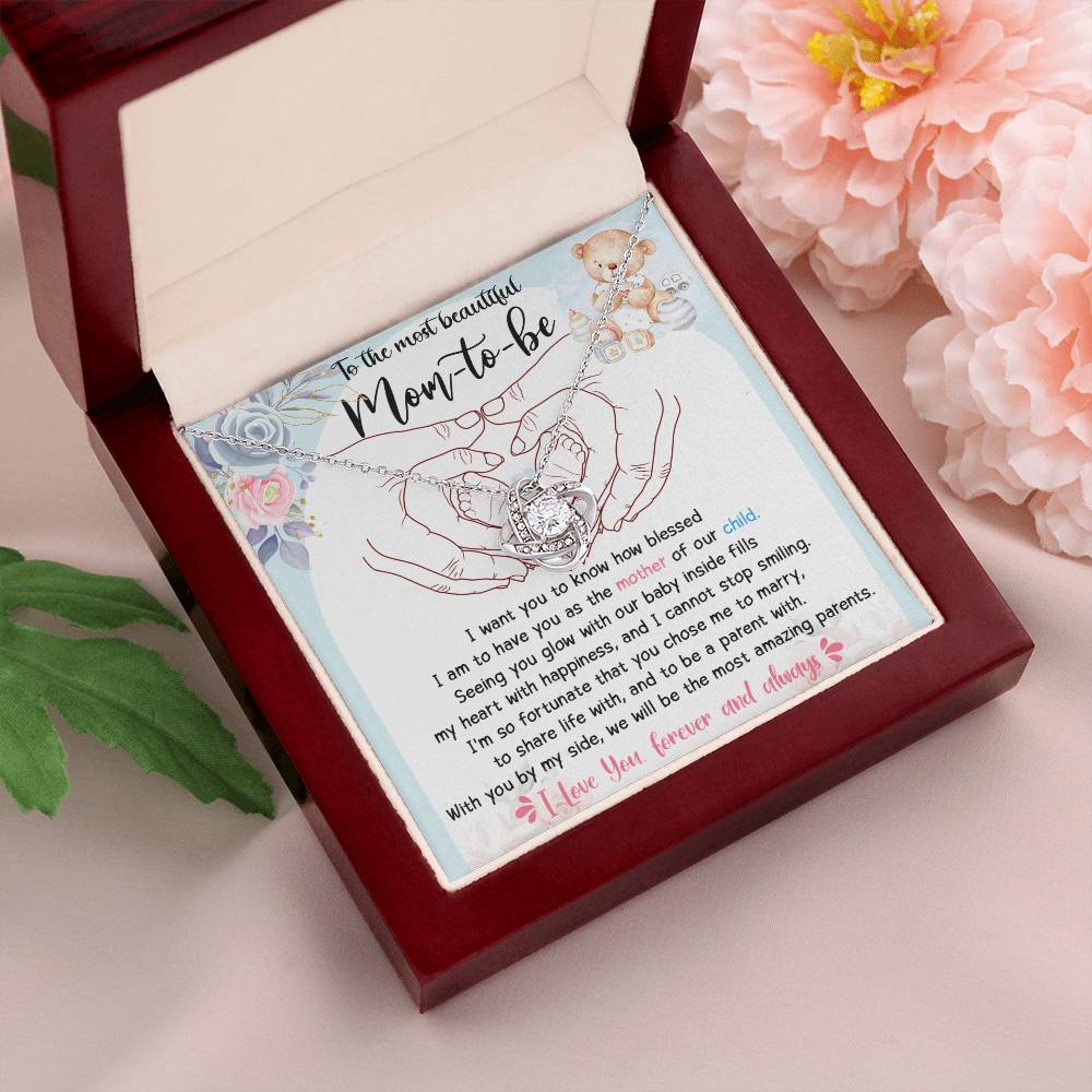 To The Most Beautiful Mom To Be Necklace Gift For Mothe's Day Jewelry For Mom, Gift For Mommy From Baby Bump, Pregnancy Gift For Mommy 925 Silver Necklace Love Knot Necklace With Meaningful Message Card And Box.