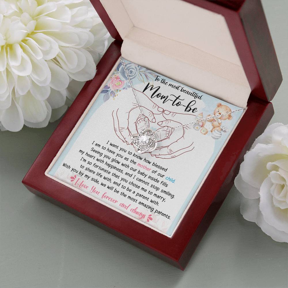 To The Most Beautiful Mom To Be Necklace Gift For Mothe's Day Jewelry For Mom, Gift For Mommy From Baby Bump, Pregnancy Gift For Mommy 925 Silver Necklace Love Knot Necklace With Meaningful Message Card And Box.