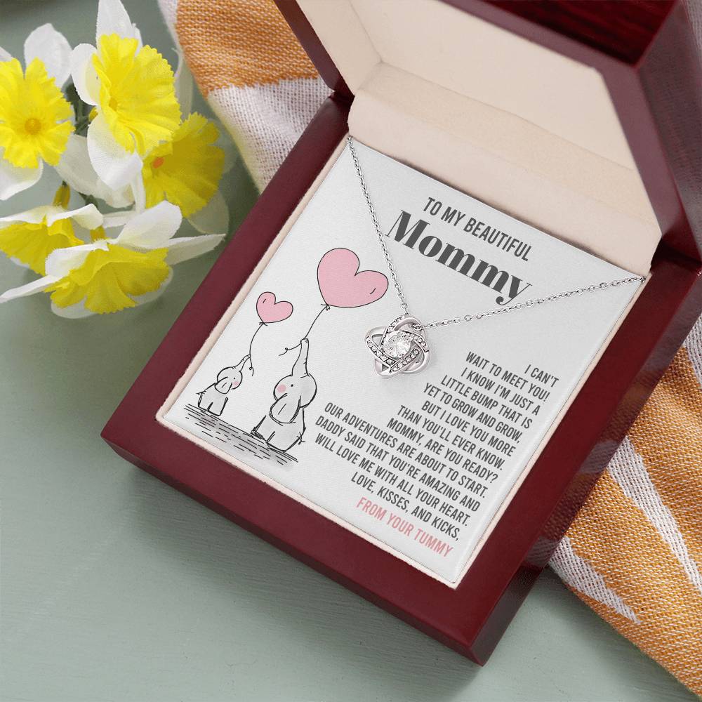 To My Beautiful Mommy Necklace Gift From Your Tummy - Mother's Day Gift, 925 Sterling Silver Love Knot Necklace Gift For Mommy, Gift For Mother Handmade Jewelry With Message Card And Box.