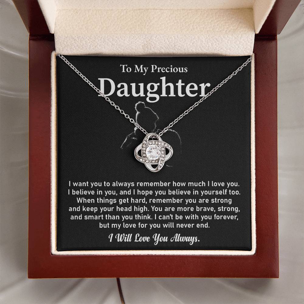 To My Precious Daughter Love Knot Necklace Emotional Love Knot Jewelry Gift Special Parent-to-daughter Keepsake Motivational Jewelry For Daughter Sentimental Parent-to-daughter Gift Daughter Strength And Love Gift Encouragement Gift For Daughter