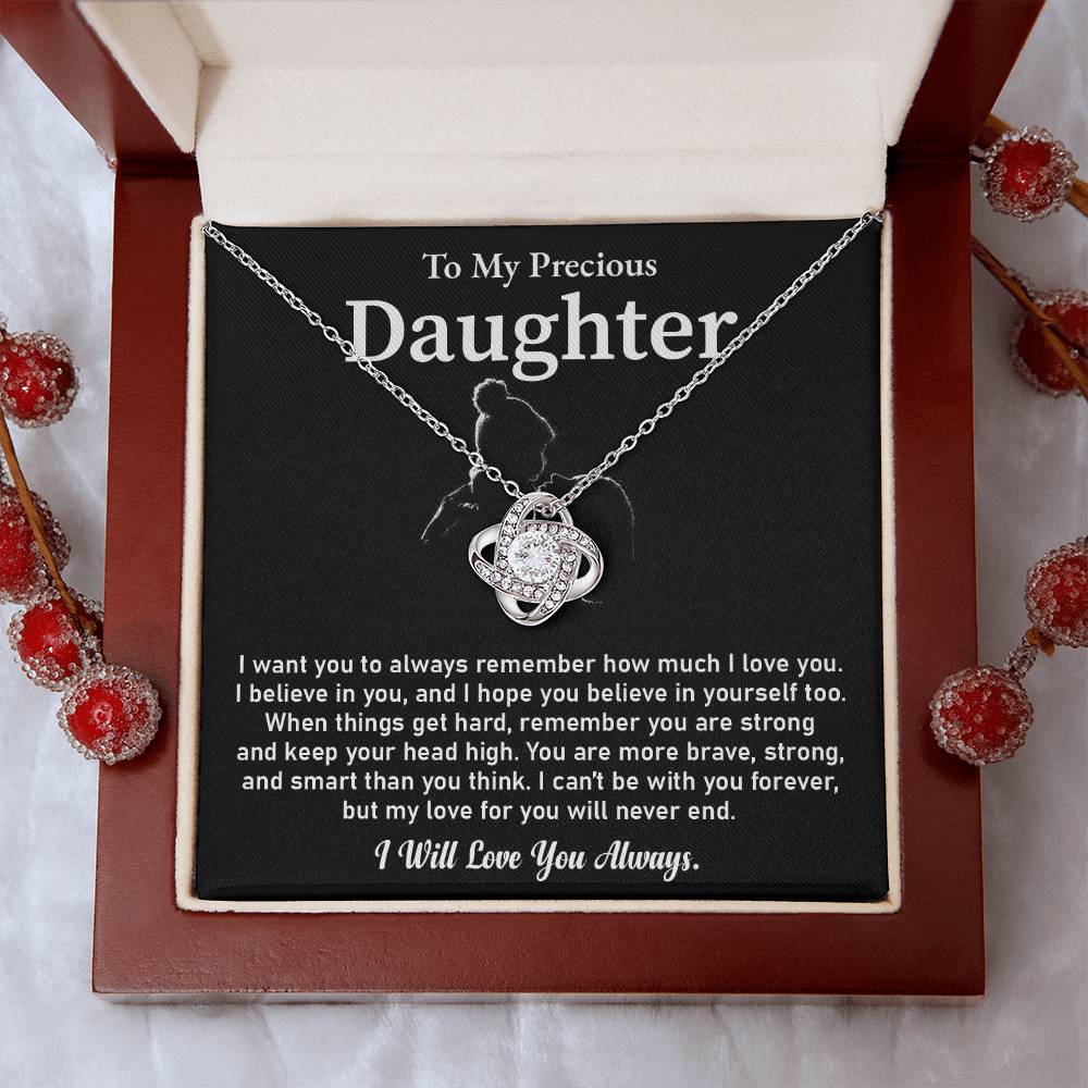 To My Precious Daughter Love Knot Necklace Emotional Love Knot Jewelry Gift Special Parent-to-daughter Keepsake Motivational Jewelry For Daughter Sentimental Parent-to-daughter Gift Daughter Strength And Love Gift Encouragement Gift For Daughter