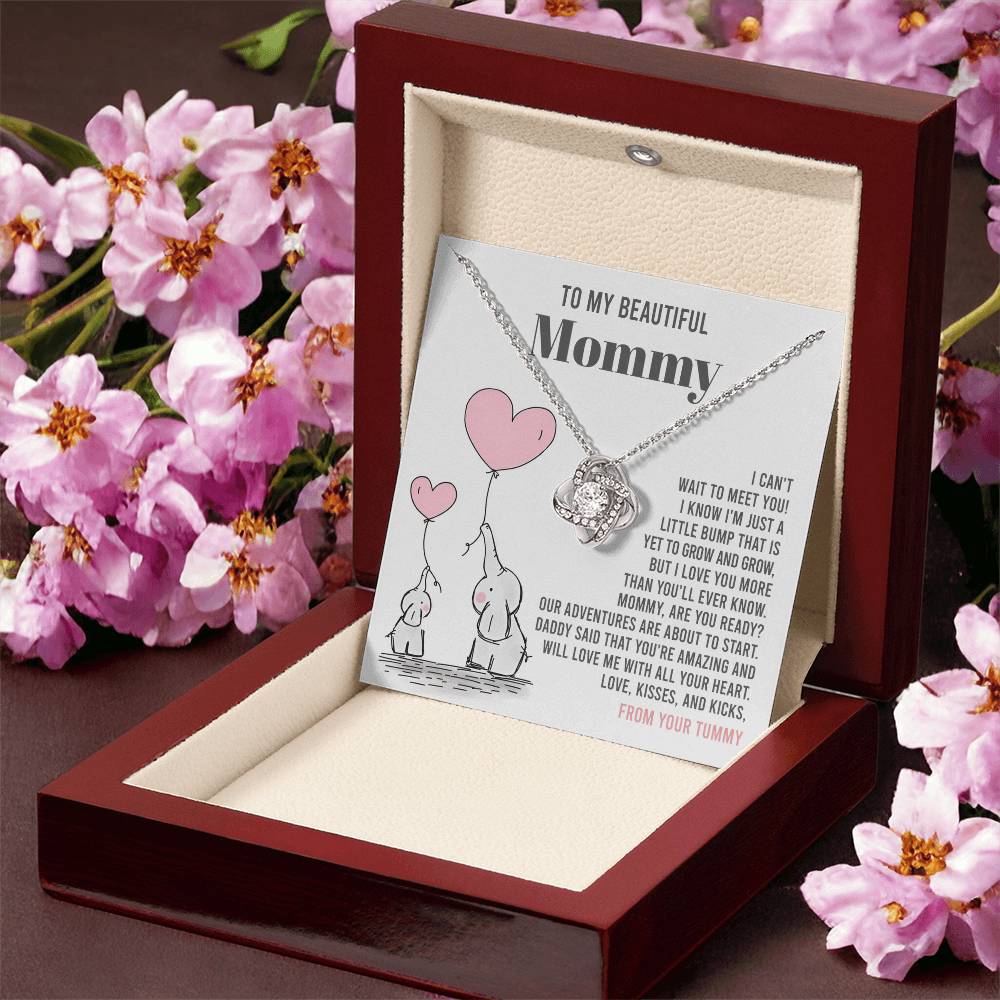 To My Beautiful Mommy Necklace Gift From Your Tummy - Mother's Day Gift, 925 Sterling Silver Love Knot Necklace Gift For Mommy, Gift For Mother Handmade Jewelry With Message Card And Box.