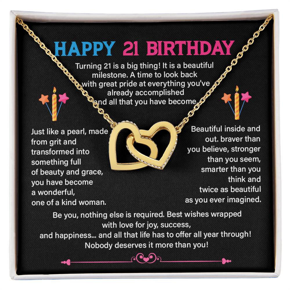 21st Birthday Necklace for Her – Interlocking Hearts & Message Card