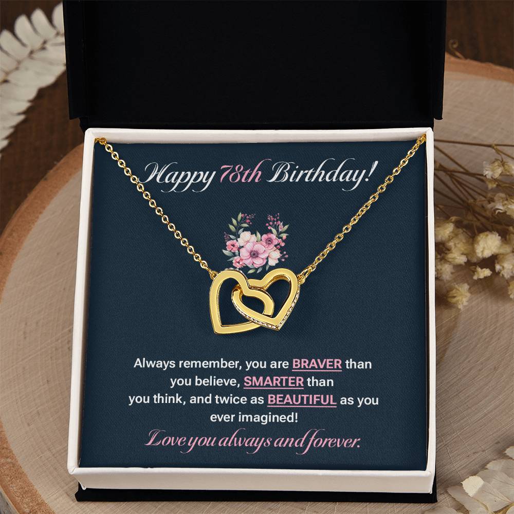 78th Birthday Gift for Her – Interlocking Hearts Necklace & Card