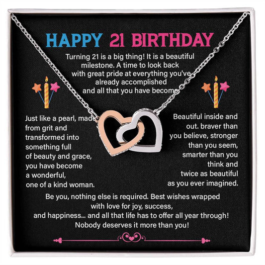 21st Birthday Necklace for Her – Interlocking Hearts & Message Card